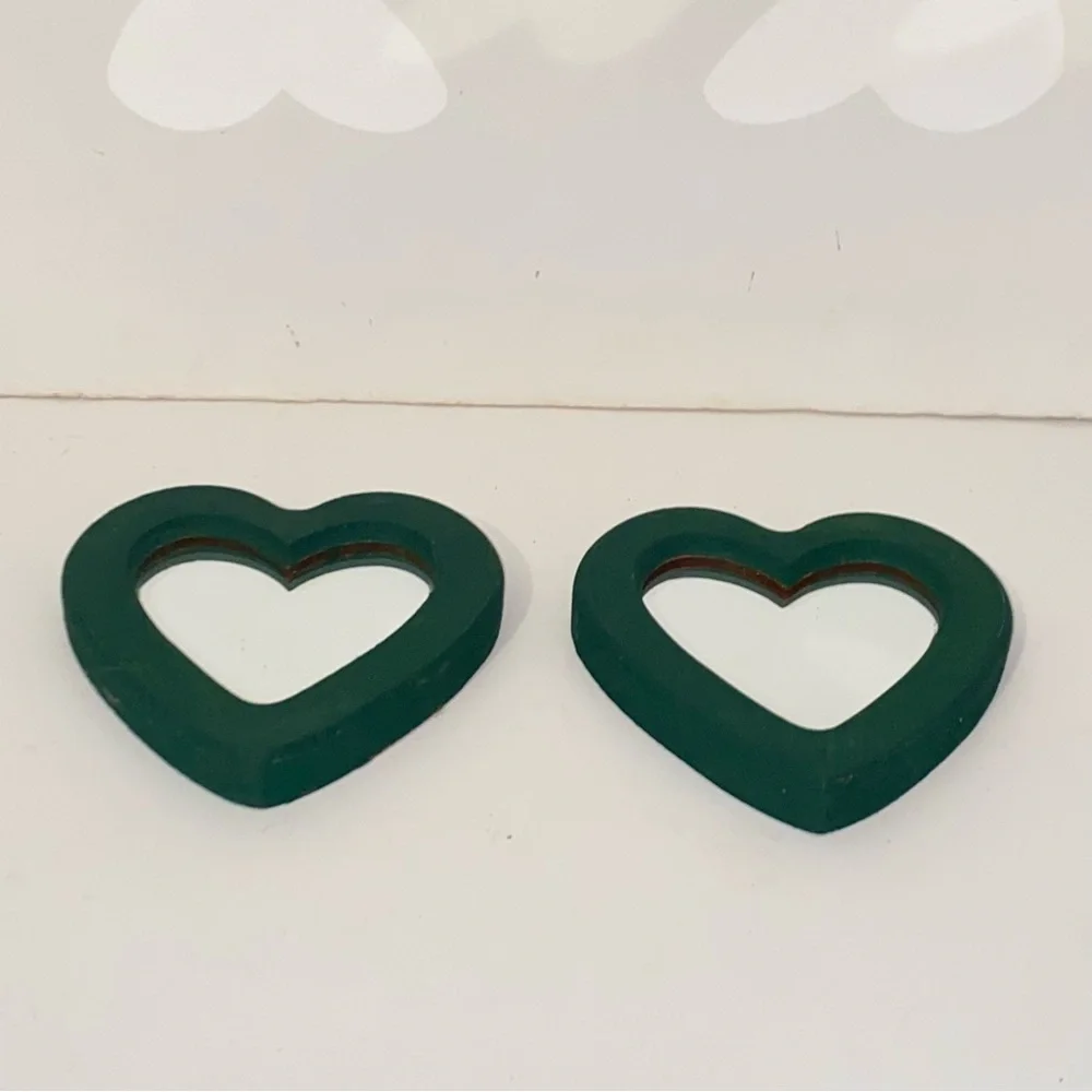 Vintage Hunter Green Painted Wooden Heart Shaped Accent Mirrors Set of 2